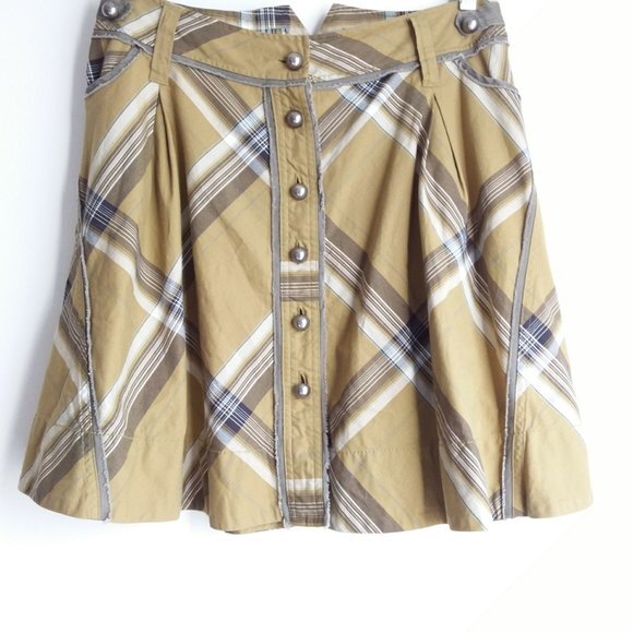 Anthropologie Fei Skirt Twirl Plaid Vintage Twee Preppy Olive Green 8 - Picture 5 of 7